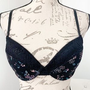 NEW Kensie Lingerie Lightly Padded Underwire Lace Sides Bra Black Floral 34C